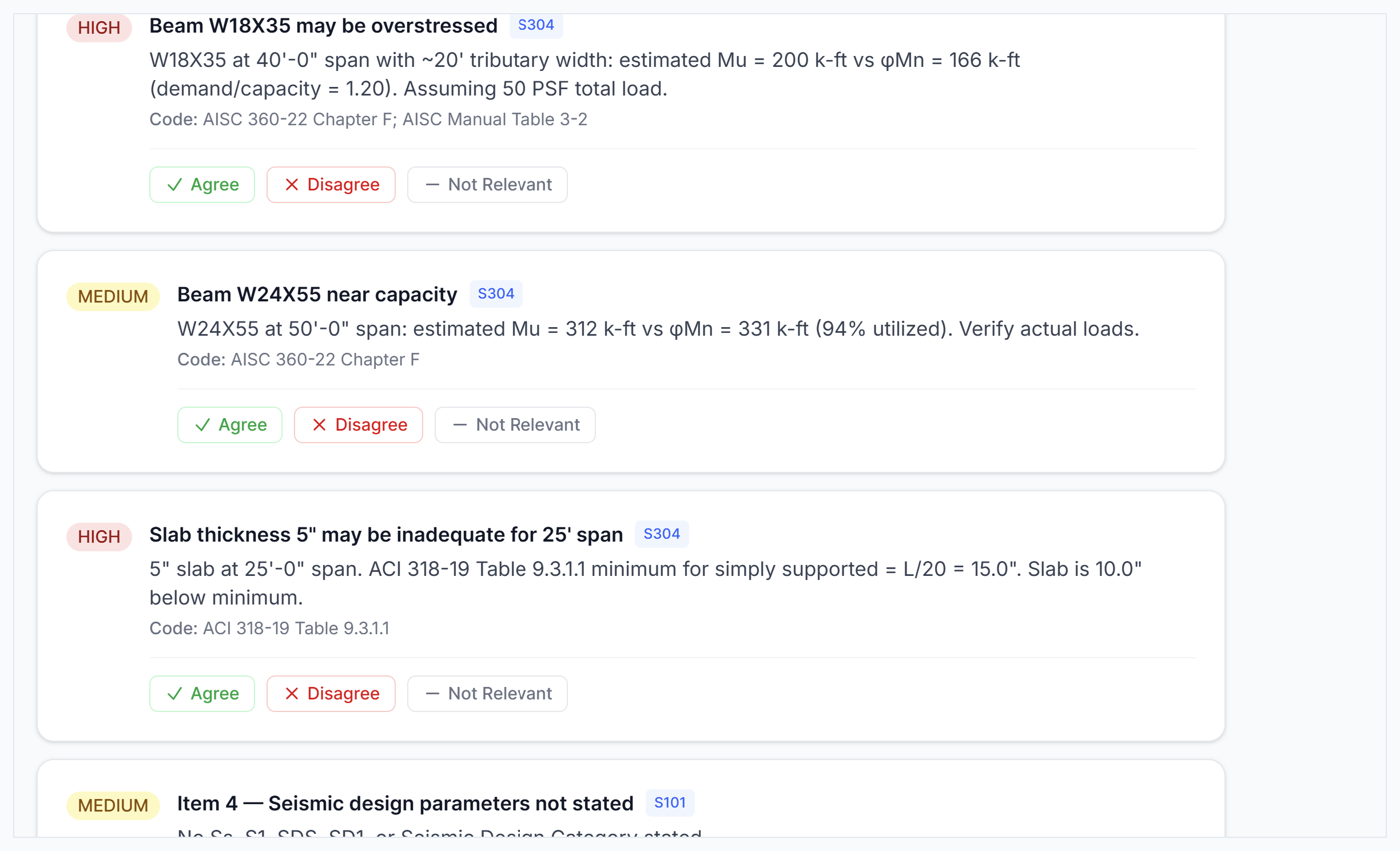 PlanFlag findings — beam overstress, slab depth, code violations with references
